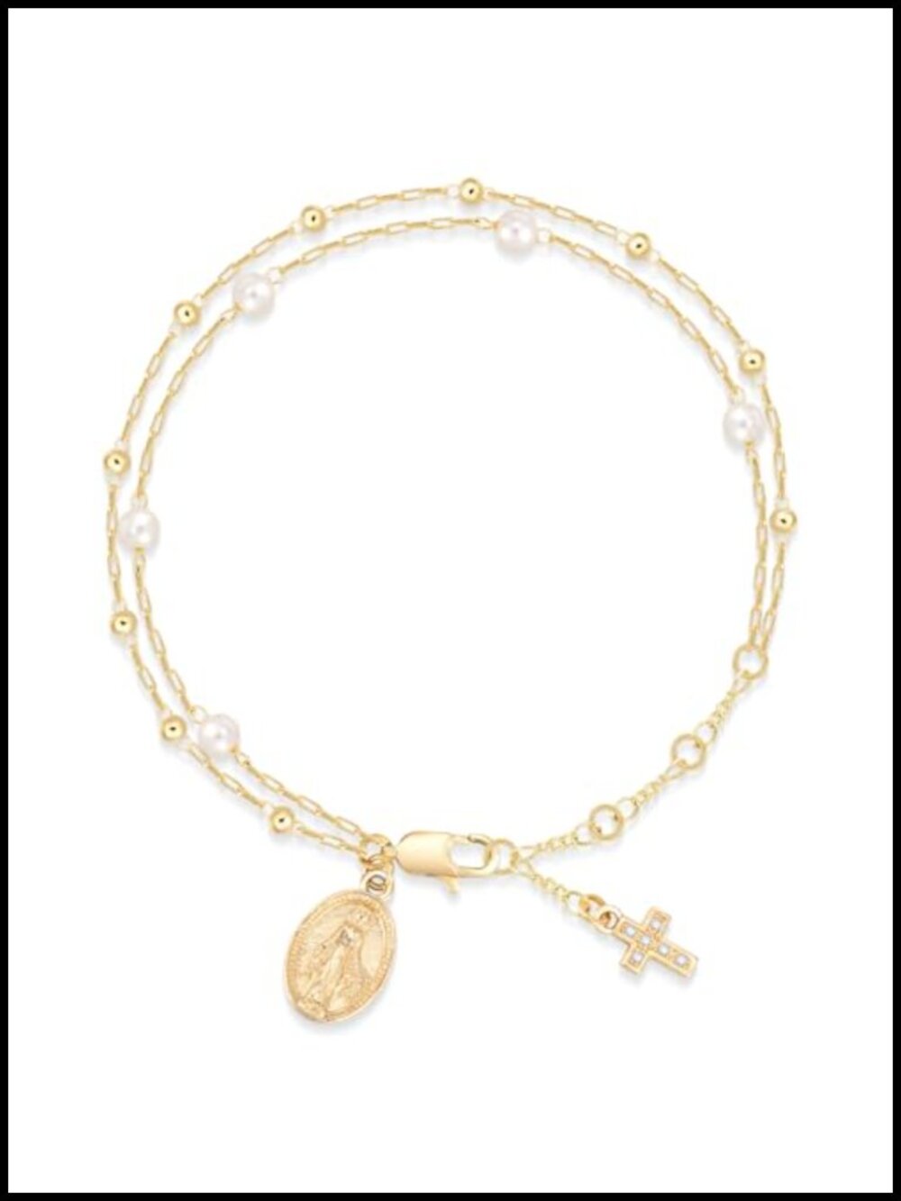 14K Gold Plated Virgin Mary Cross Rosary Bracelet Women Adjustable Catholic